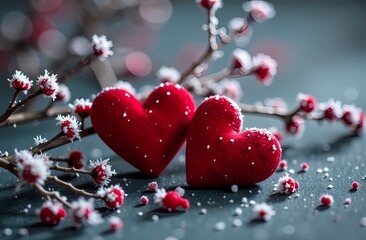 Wall Mural - Red velvet hearts and branches covered in frosting and snowflakes