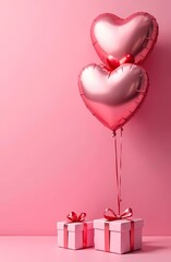 Wall Mural - Valentine's day card.  Balloons with gifts on pink background in the form of hearts. Valentine's Day. 