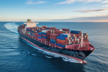 Wall Mural - Large container ship sailing on the open ocean at sunset