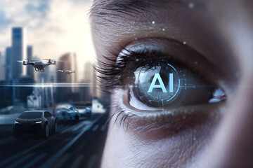 Aufkleber - Woman sees future of artificial intelligence in smart city with self-driving cars and drones