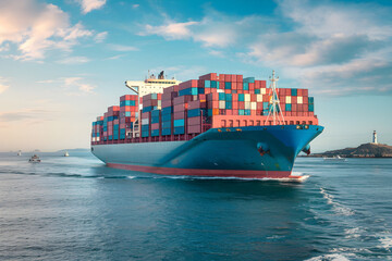 Large container ship carrying goods across ocean at sunset