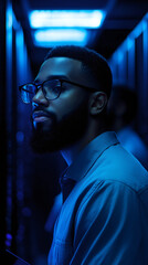 Poster - IT engineer walking through a dimly lit server room, meticulously checking and maintaining essential hardware equipment for optimal performance