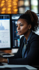 Leinwandbilder - Young black financial analyst working diligently at a desk, analyzing graphs and data on multiple computer screens in a bustling office at night