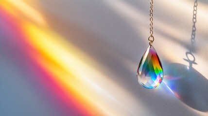 Crystal prism pendant casting colorful rainbow light on white surface