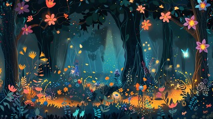 Wall Mural - A magical forest with colorful flowers and glowing butterflies.