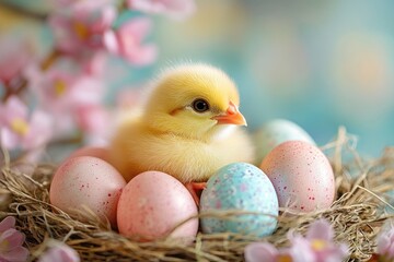 Wall Mural - Cute baby chick sitting in nest with colorful easter eggs and flowers