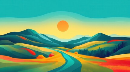 Wall Mural - Vibrant Autumn Landscape with Winding Road and Sun