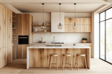 Wall Mural - Modern Minimalist Kitchen Island Design with Wooden Accents