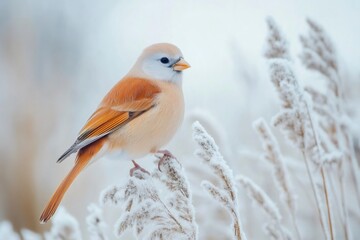 Wall Mural - Beautiful orange bird perched on a frosty branch in winter