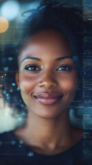 Poster - Confident african american businesswoman standing near digital code overlay, embodying technological innovation in corporate workplace