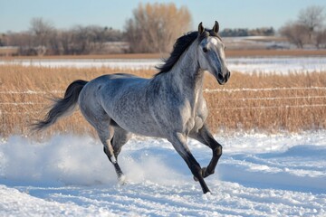 Wall Mural - dappled grey horse galloping through snowy field