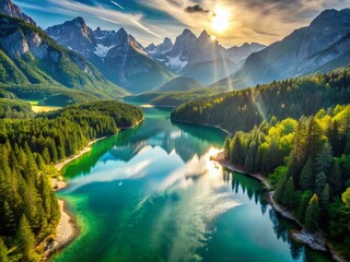 Canvas Print - Stunning Aerial View of Serene Mountain Lake, Crystal Clear Water, Lush Green Landscape