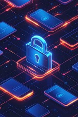 Wall Mural - digital lock icon connected to network of devices representing secure data privacy, encryption, and 