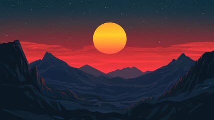 Wall Mural - Majestic Mountains Underneath a Crimson Sunset and Starry Sky