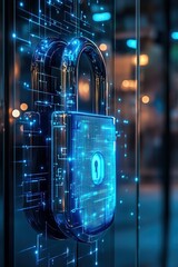 Wall Mural -  Futuristic digital padlock on glass door with glowing blue holographic keypad projected onto door surface, representing advanced security and innovative technology.