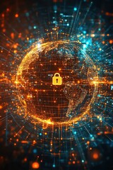 Wall Mural -  Illustration of globe with padlock and key icons connected by digital lines, symbolizing global data privacy laws and secure technological networks across nations.