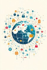Wall Mural -  Illustration of globe with padlock and key icons connected by digital lines, symbolizing global data privacy laws and secure technological networks across nations.