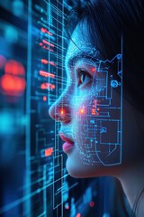 Wall Mural -  Illustration of facial recognition technology in healthcare, showcasing doctor accessing patient records securely through advanced facial scan systems.