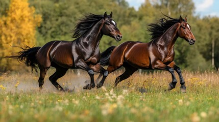 Wall Mural - two brown horses running fast on a green meadow during a sunny day