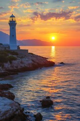 Wall Mural - White lighthouse standing on rocky coast at sunset over calm sea