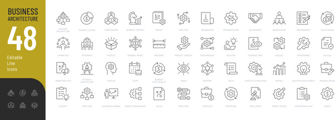 business architecture line editable icons set. vector illustration in modern thin line style of busi