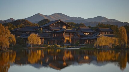 Wall Mural - Serene Traditional Japanese Architecture Reflecting in Tranquil Lake at Dusk with Mountain Backdrop