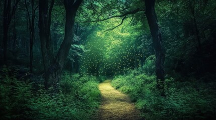 Wall Mural - The forest is bathed in the warm glow of morning light as it filters through tall trees, illuminating the rich green foliage and creating a calm and inviting scene
