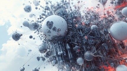 Wall Mural - abstract digital art depicting a chaotic, futuristic cityscape with interconnected spheres and metal