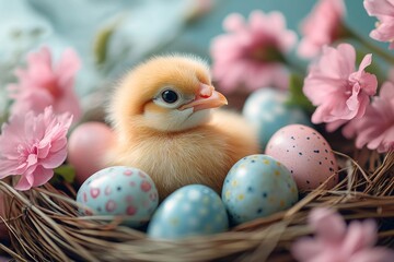 Wall Mural - Cute baby chick sitting in nest with easter eggs and pink flowers