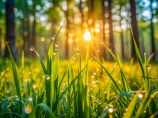 Canvas Print - Summer Sunset Macro: Vibrant Green Grass in Forest, Long Exposure Photography