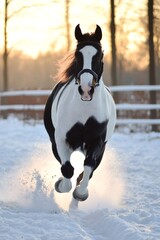 Wall Mural - horse galloping in snow at sunset