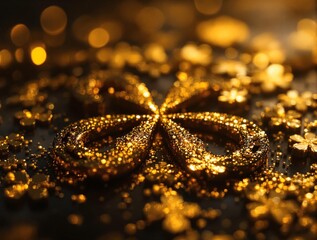 Fototapete - a gold-colored decorative bow with a glittery texture, set against a dark, textured background with a bokeh effect.