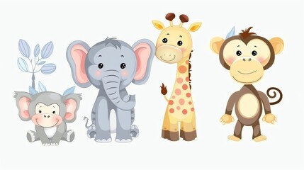 Wall Mural - A collection of cute cartoon jungle animals.