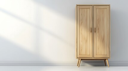 Wall Mural - Light wood wardrobe, minimalist room, sunlit wall, interior design