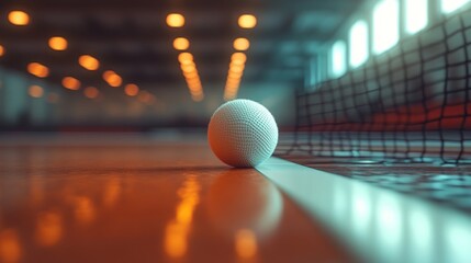 White ball rests near net on indoor court.