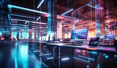 Multi-tasking computer programmers working in a modern office.