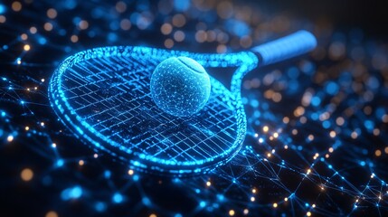 Tennis racket and ball illuminated by blue neon lights, set against a digital network backdrop, showcasing sports technology and futuristic concepts.