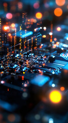 Fototapete - Digital binary code streaming onto printed circuit board, representing high-tech data transfer and technological innovation