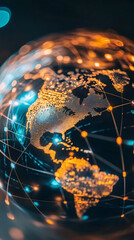 Aufkleber - Close-up view of planet Earth rotating and highlighting the American continents with digital connections, symbolizing global communication and networks