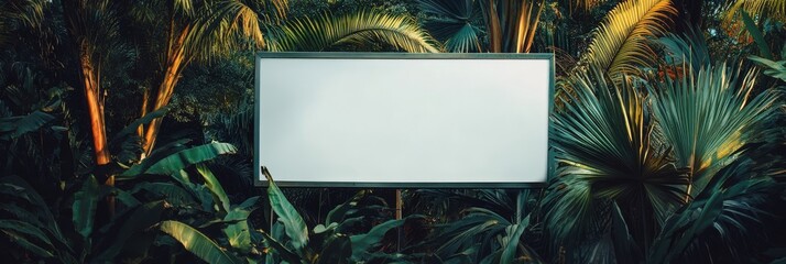 Tropical Paradise with a Blank Sign - Dense greenery, vivid greens, an empty billboard, advertising space set against a natural backdrop