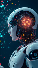 Aufkleber - Metallic android revealing intricate circuit network, luminescent core processing advanced data with intense technological complexity