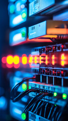 Fototapete - Server rack glowing with red and green lights in a dark room, representing data storage, cloud computing, and network infrastructure