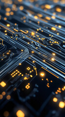 Fototapete - Close-up view of a modern electronic circuit board with glowing tracks and components, symbolizing data transmission and processing