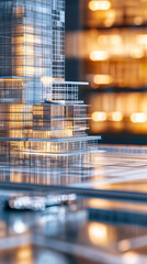 Fototapete - Architectural model revealing skyscraper blueprints on wooden desk, highlighting modern urban design concept