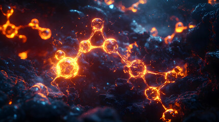 Wall Mural - abstract depiction of chemical reactions with glowing molecular structures and vibrant energy flows 