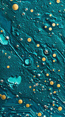Fototapete - Teal printed circuit board revealing dense microchip layout, intricate electronic pathways glowing with technological complexity