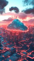 Fototapete - Sleek urban skyline merging digital networks, representing cloud technology integration with advanced metropolitan infrastructure