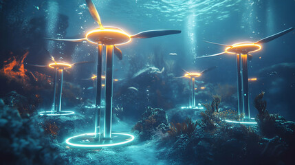 Wall Mural - artistic rendering of tidal energy technology with glowing turbines underwater, detailed marine life