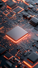 Fototapete - Close-up of a modern CPU glowing with orange lights, highlighting the complex circuitry of a motherboard and emphasizing technological advancement