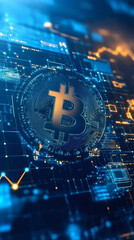 Fototapete - Bitcoin cryptocurrency logo glowing above electronic circuit board, symbolizing digital currency and blockchain innovation